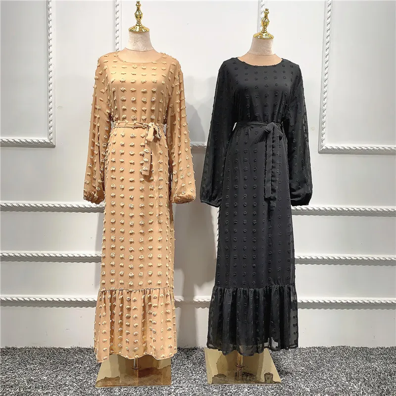 
latest women Dubai solid Muslim high waist plus size crew neck Gauze bow maxi abaya long dress 
