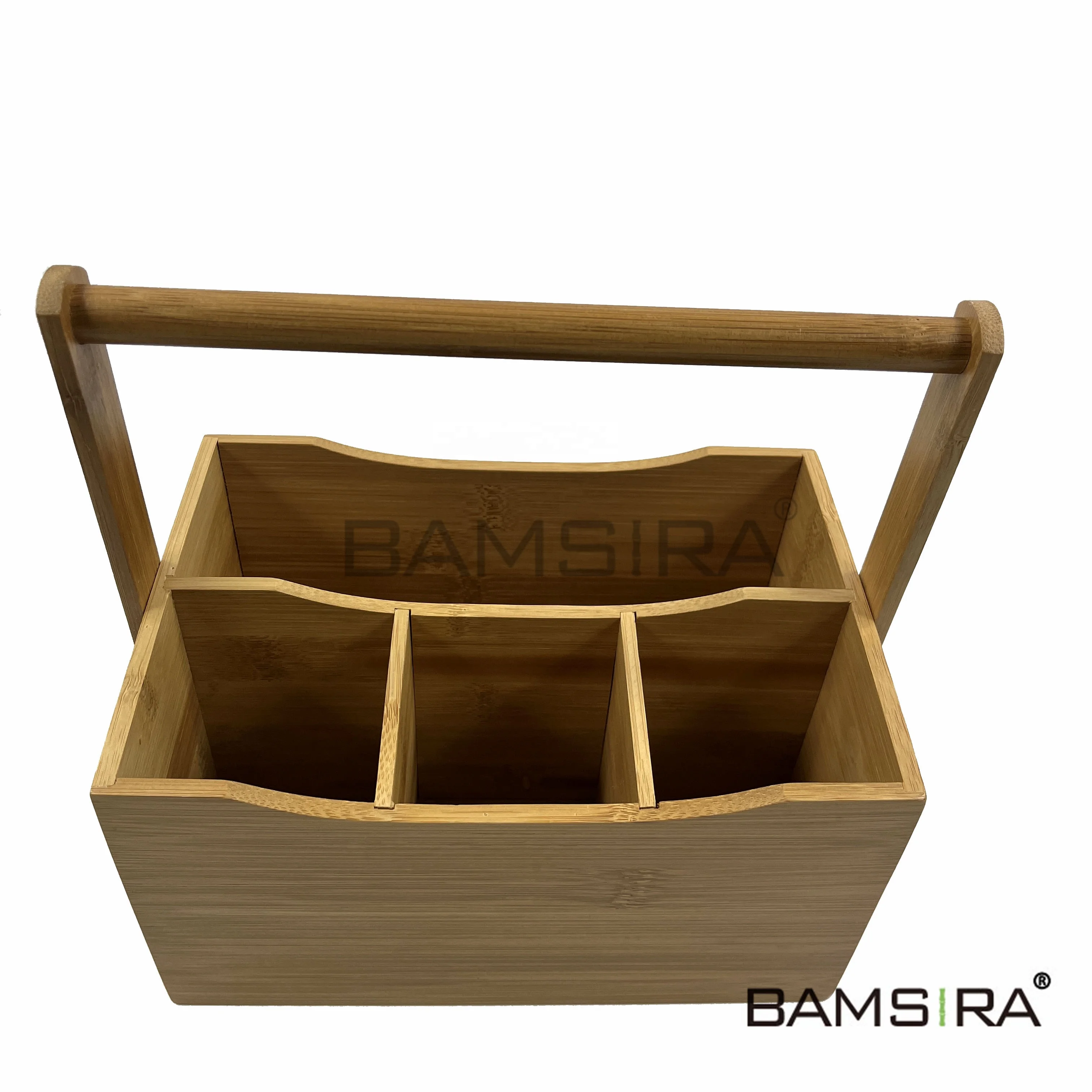 Bamboo Flatware Utensil Caddy With Napkin Holder And Handle Wood Picnic Basket For Kitchen