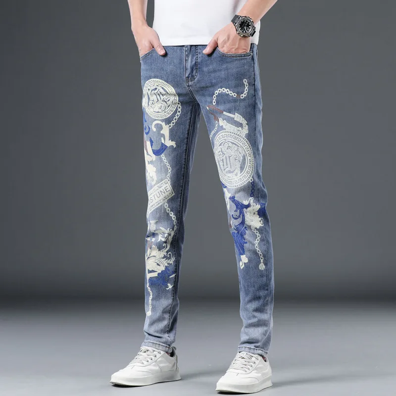Fashion Hip Hop Streetwear Printed Men Designer Hip Hop Pants Slim Fit Punk Style Designer Jeans