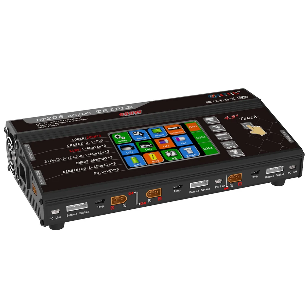 
HTRC HT206 AC/DC TRI Professional RC Toy Lipo Battery Balance Charger 200W*3 20A*3 Triple Port for Lilon/LiPo/LiFe/LiHV Battery 