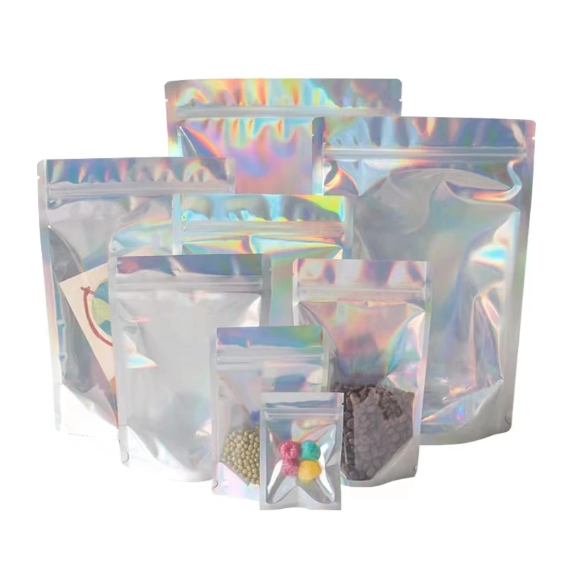 YUNFENG Customized Holographic Mylar Bags Child Safety Slider Zipper Stand Up Bag Laser film bag