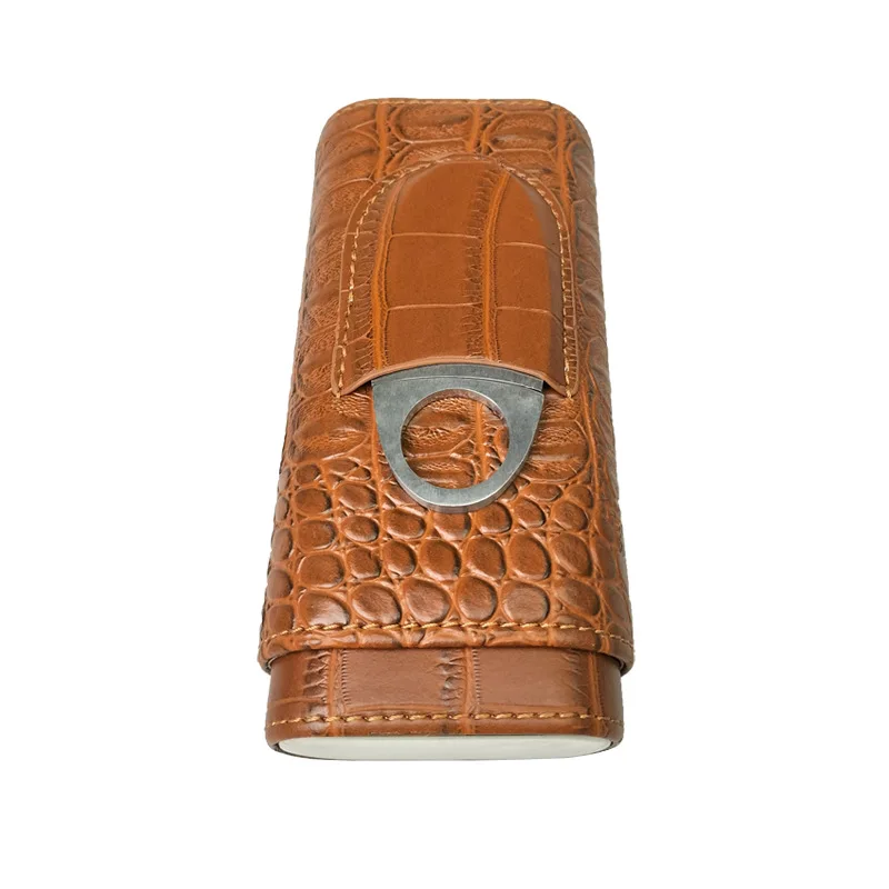 High Quality 3-Finger Humidors Portable Cigar Box Brown Leather Case With Cutter