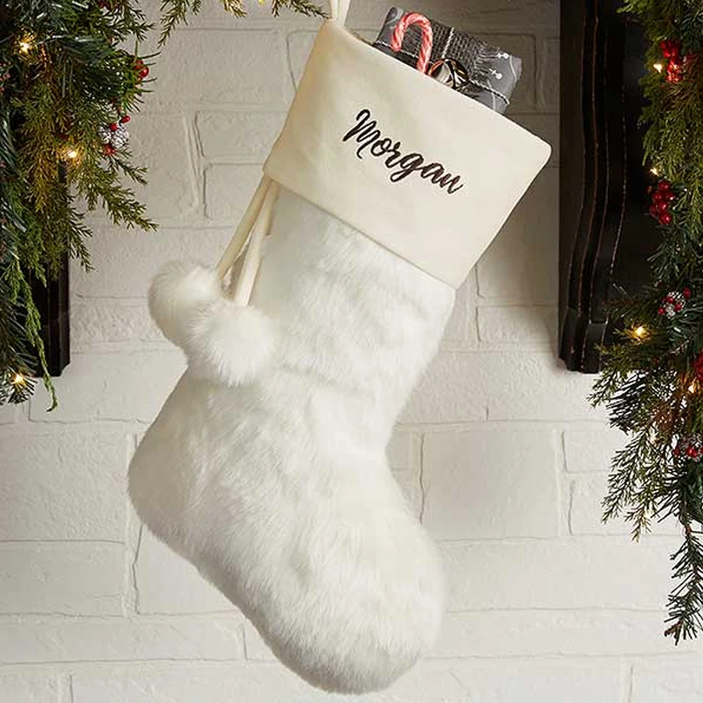 Custom Blank Canvas Santa Sock Lvory Faux Fur Christmas Stockings for Embroidery with Pom Pom