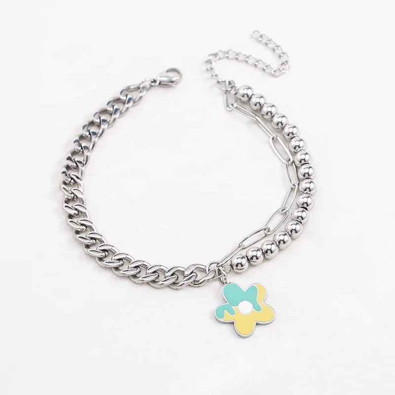Korea Fashion Simple Youth Stainless Steel Hypoallergenic Splicing Beads Colorful Glue Flower Bracelets For Daily Adornment