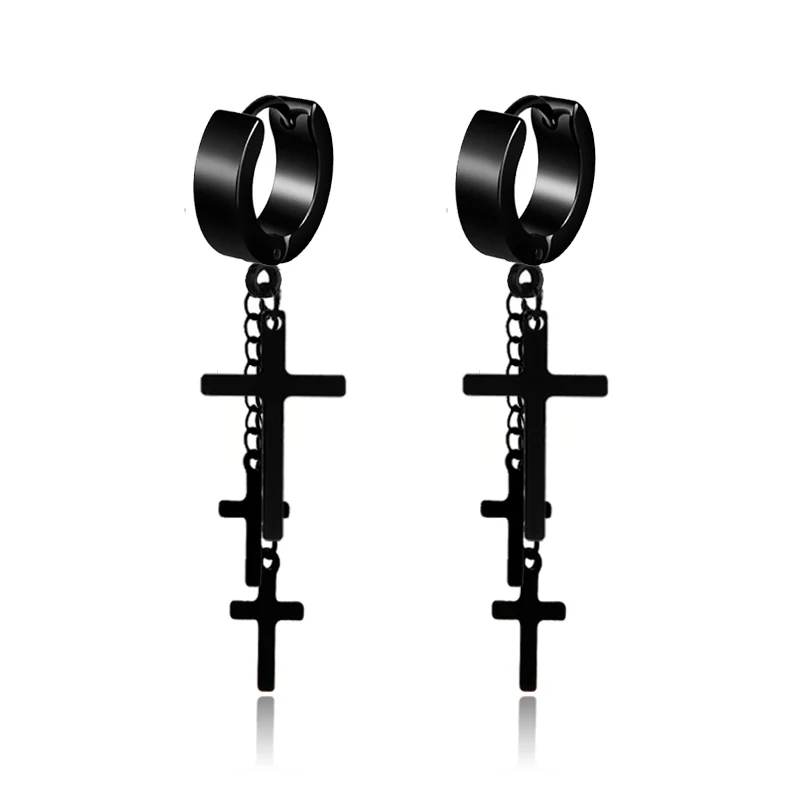 Fashion Black Stainless Steel Cross Men Earrings Hoop Punk Jewelry