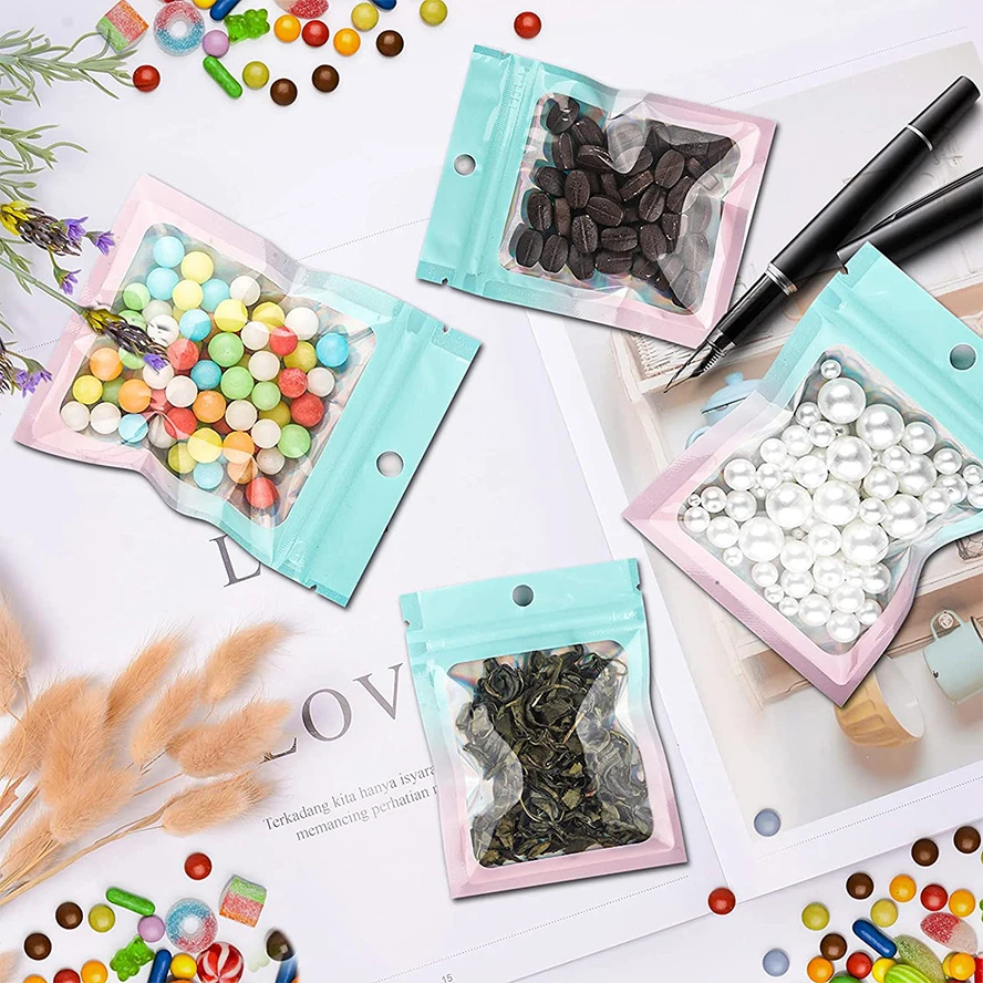 100pcs Gradient Green Pink Holographic Ziplock Pouch PS Flat Self Seal Mylar Bag with Clear Front Window Aluminum Foil Pouch