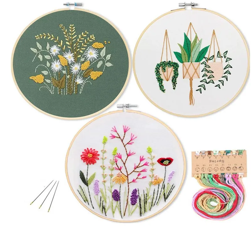 DIY Stamped Embroidery Starter Kit with Flowers Plants Pattern Embroidery Cloth Color Threads Tools Kit