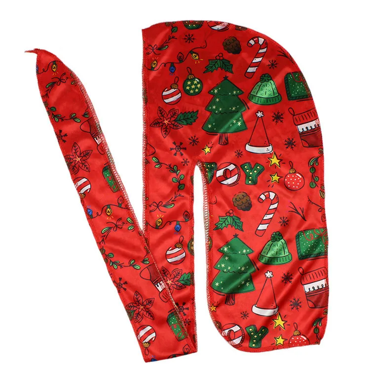 High Quality Custom Printing Durags External Stitch Unisex Silky Soft Christmas Printed Durag Waves Extra Long Straps Doo Rag