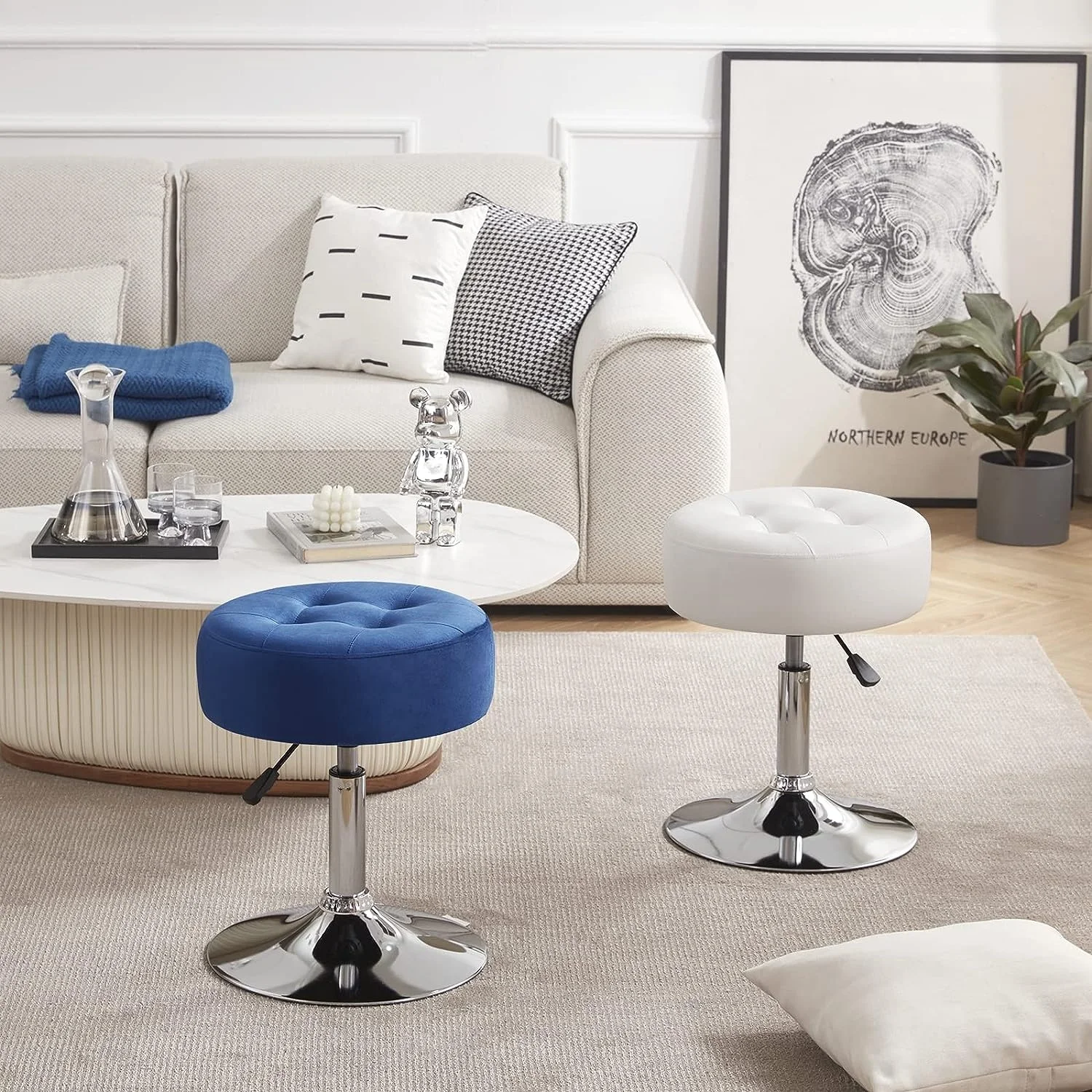 Round Ottoman Tufted PU Leather Vanity Chair Custom 360 Swivel Vanity Stool Modern White Vanity Chair For Powder Room