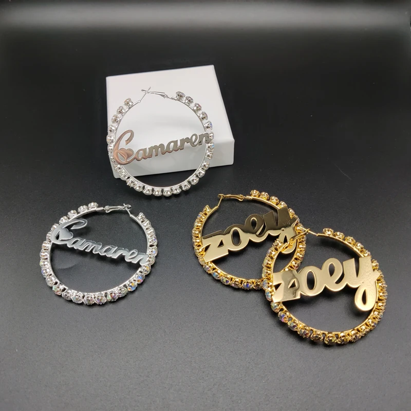 Duoying OEM Custom Name Earings for Women 2020 Gold Stainless Steel Earrings AB Zircon Big Hoop Earrings Women