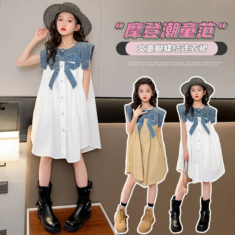 2023 New Fashion Hot Girl Denim Patchwork Sleeveless Shirt Dress White Khaki 5-15 Years