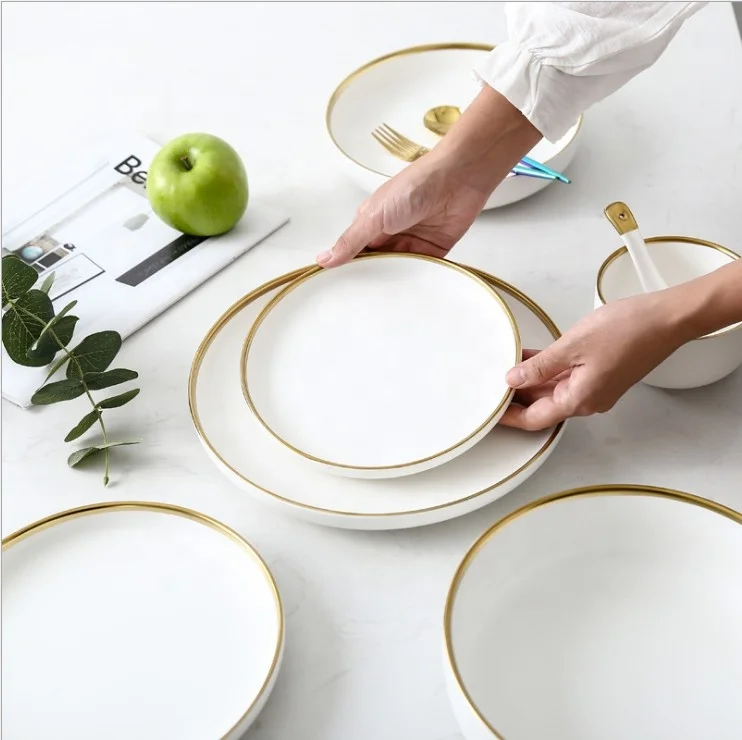
Nordic Ins Style Gold Edge Ceramic Plates Bowl Simple Ceramic Dinnerware Set Western Deep Plate Bone China Dinner Sets 