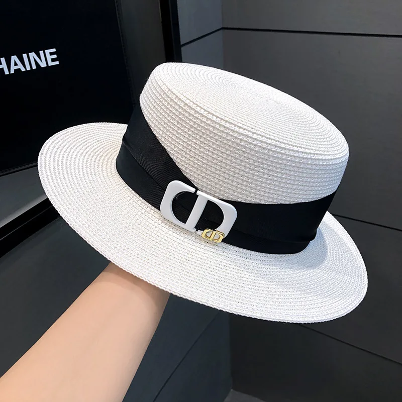 HT-2588 Wholesale Plain Flat Brim Flower Straw Hat Women Spring and Summer Outdoor Sunshade Fedora Fisherman Bucket Hats