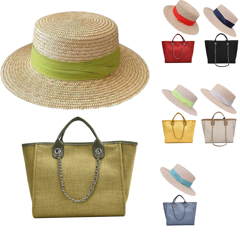 Best Selling Large Capacity Solid Color Beach Bag And Summer Hat Set Canvas Beach Fashion Tote Handbag Hat And Purse Set