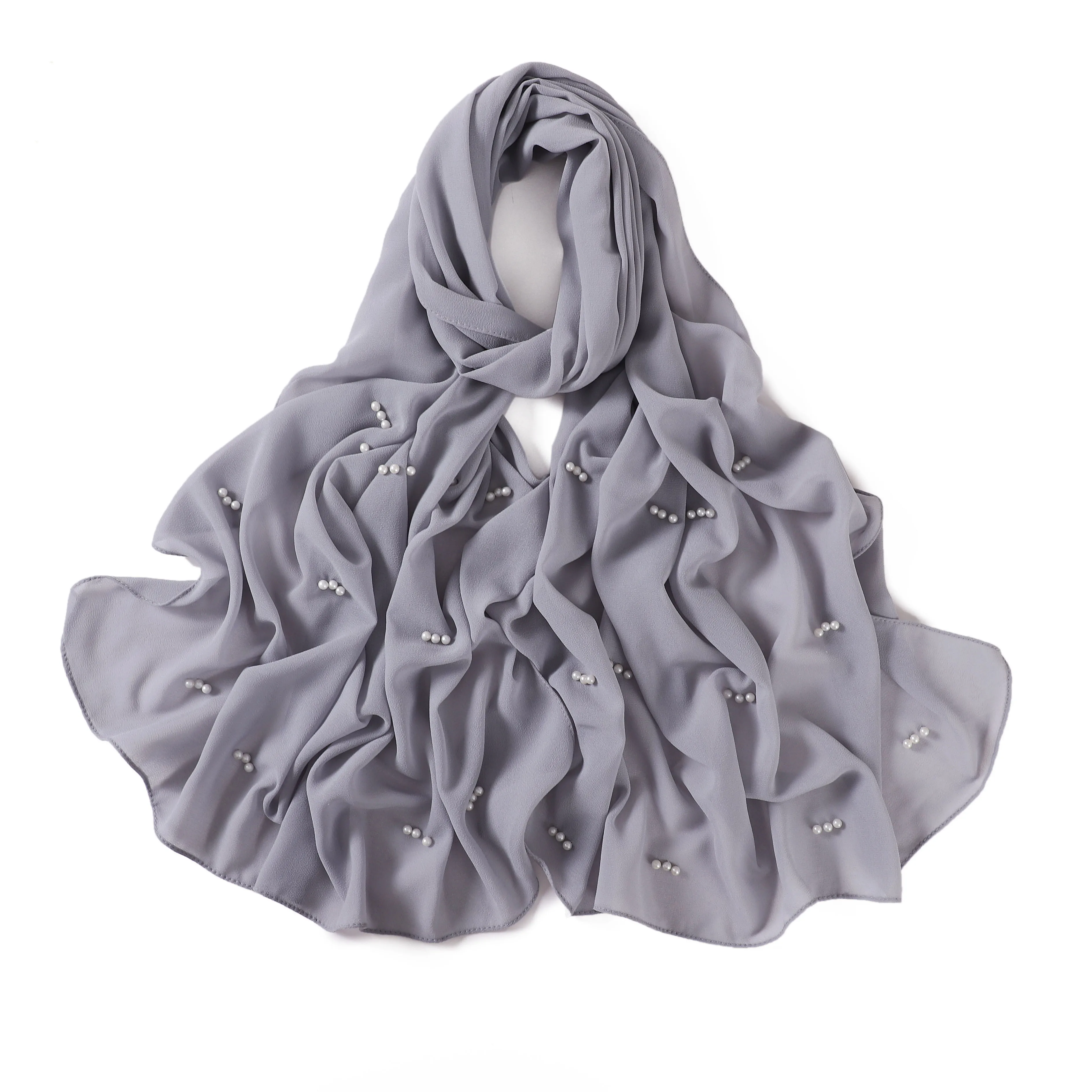 Latest Fashion Rhinestone Chiffon Veil Malaysia Tudung Bawal Arab Headscarf Muslim Turban Shawl Women Hijab Ladies Pearl Scarf
