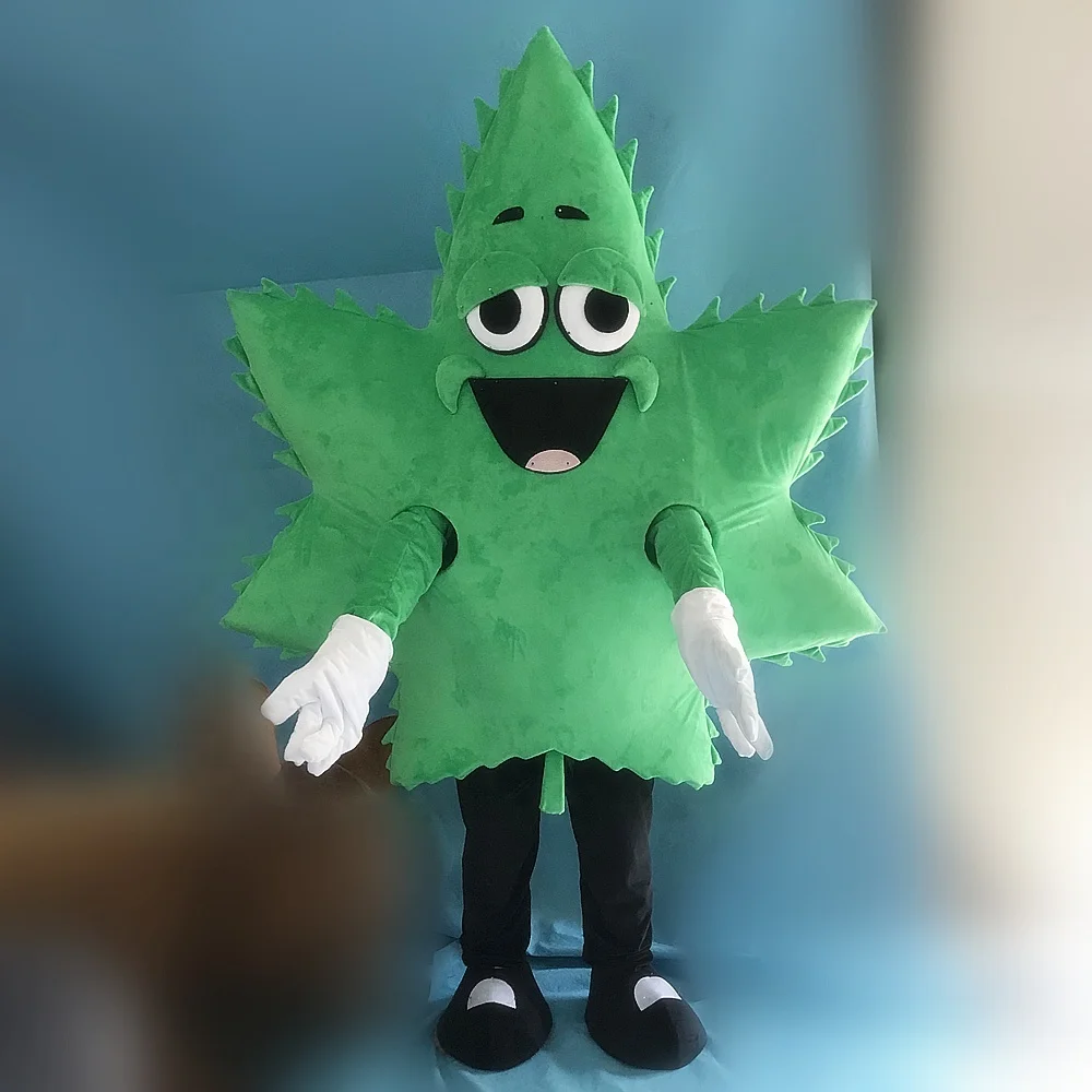 Easy wearing human size soft plush happy face maple leaf mascot costume for party event fit all adult green maple leaf costume