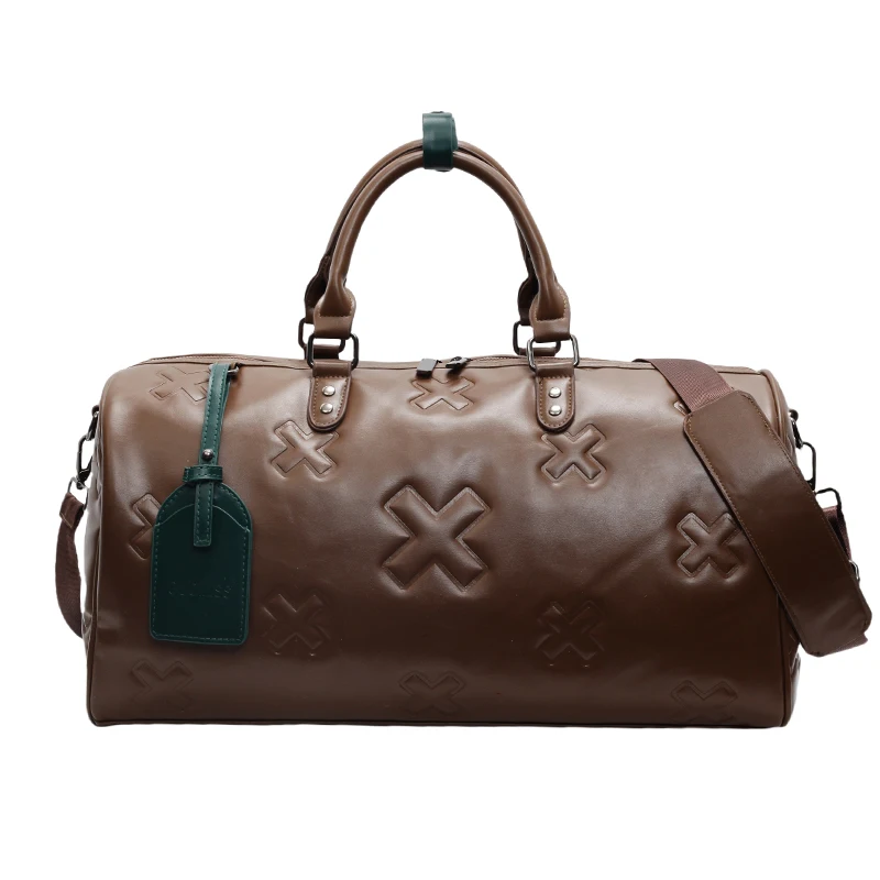 Embossed Logo PU Leather Duffel Bag Large Capacity Travel Weekend Bag With Dry Wet Pockets