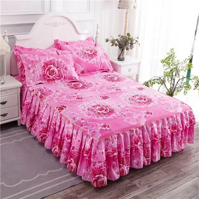 Bed Skirts Set Double Layer Bedspread Floral Printed Bedsheet Bilateral Bed Skirt + 2pcs Pillowcase Bedsheets