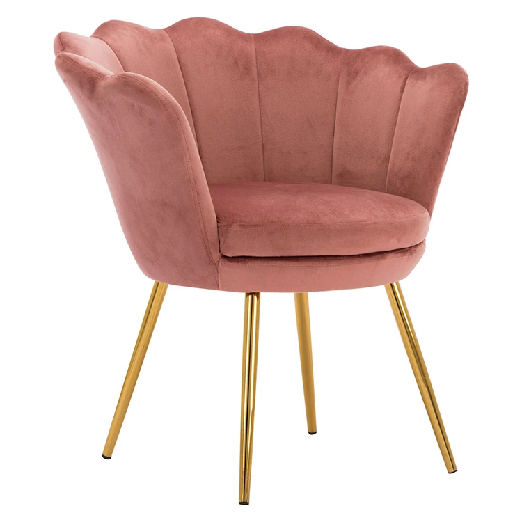 Manufacturer Sale Elegant Arm Chair Modern Metal Frame Pink Velvet Shell Flower Dining Room Chair With Gold Leg