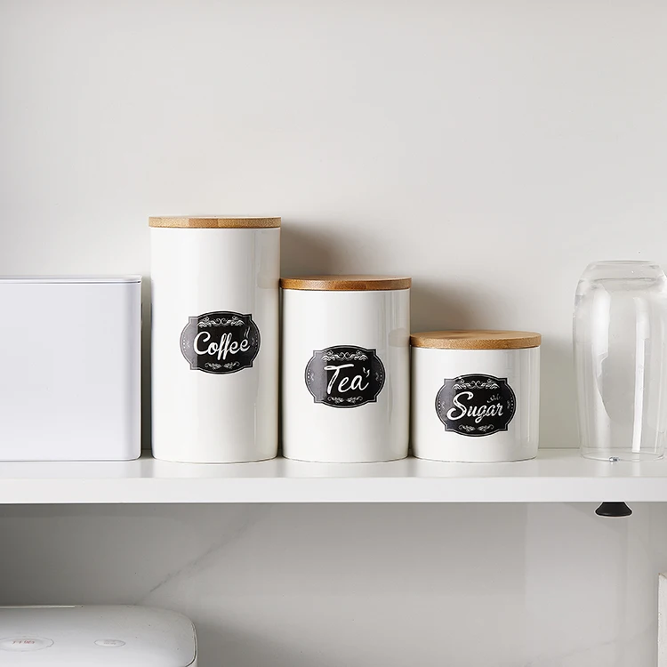 Custom Logo Kitchen Ceramic Canisters Food Storage Jar for Tea Coffee Sugar with Bamboo Lid