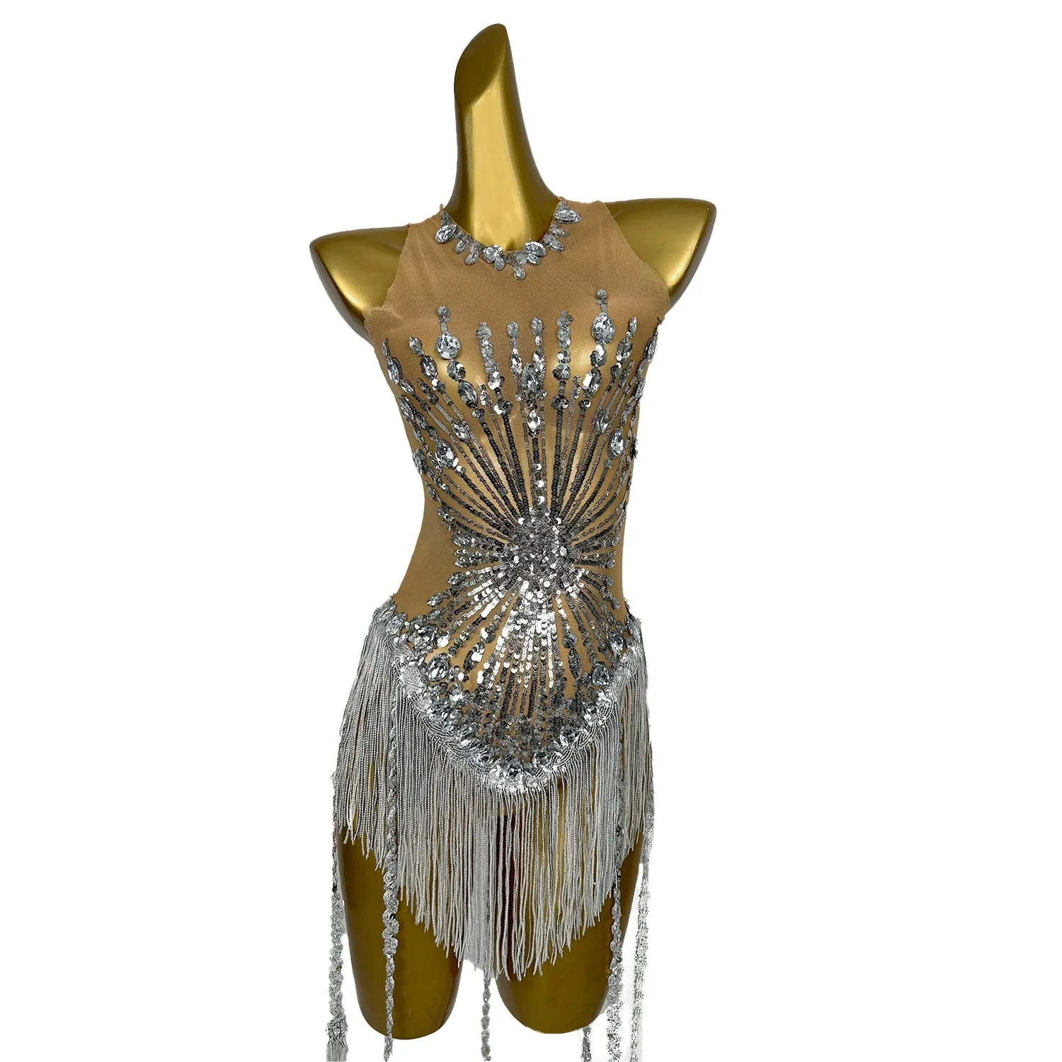 Sexy Mesh Sequin Rhinestone One Piece Jumpsuits Women Bodycon Rompers Gogo Dancer Costume Festival Outfit Party Tassel Bodysuits