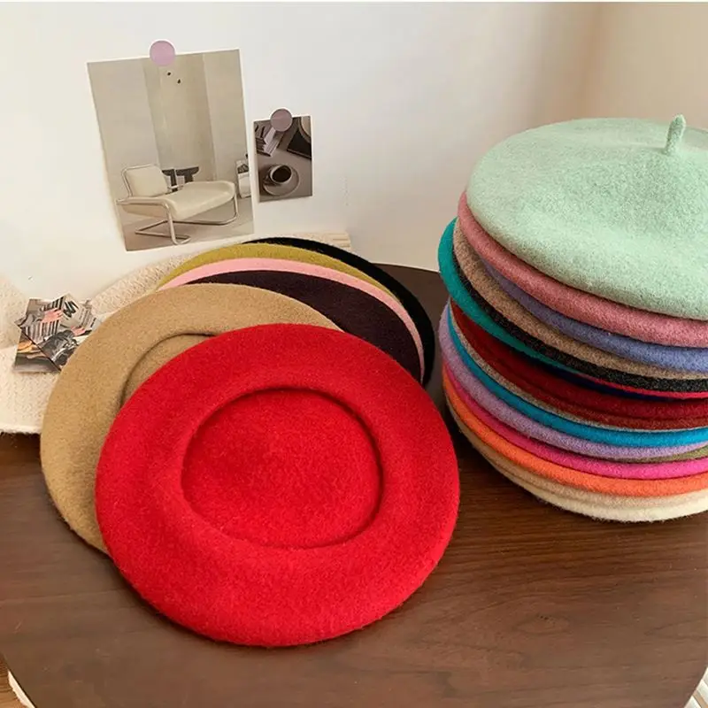 STS High Quality Thick Wholesale Angora Church Ladies 100% Wool Winter Elastic Custom Logo Embroidery Girl Hat Beret for Women