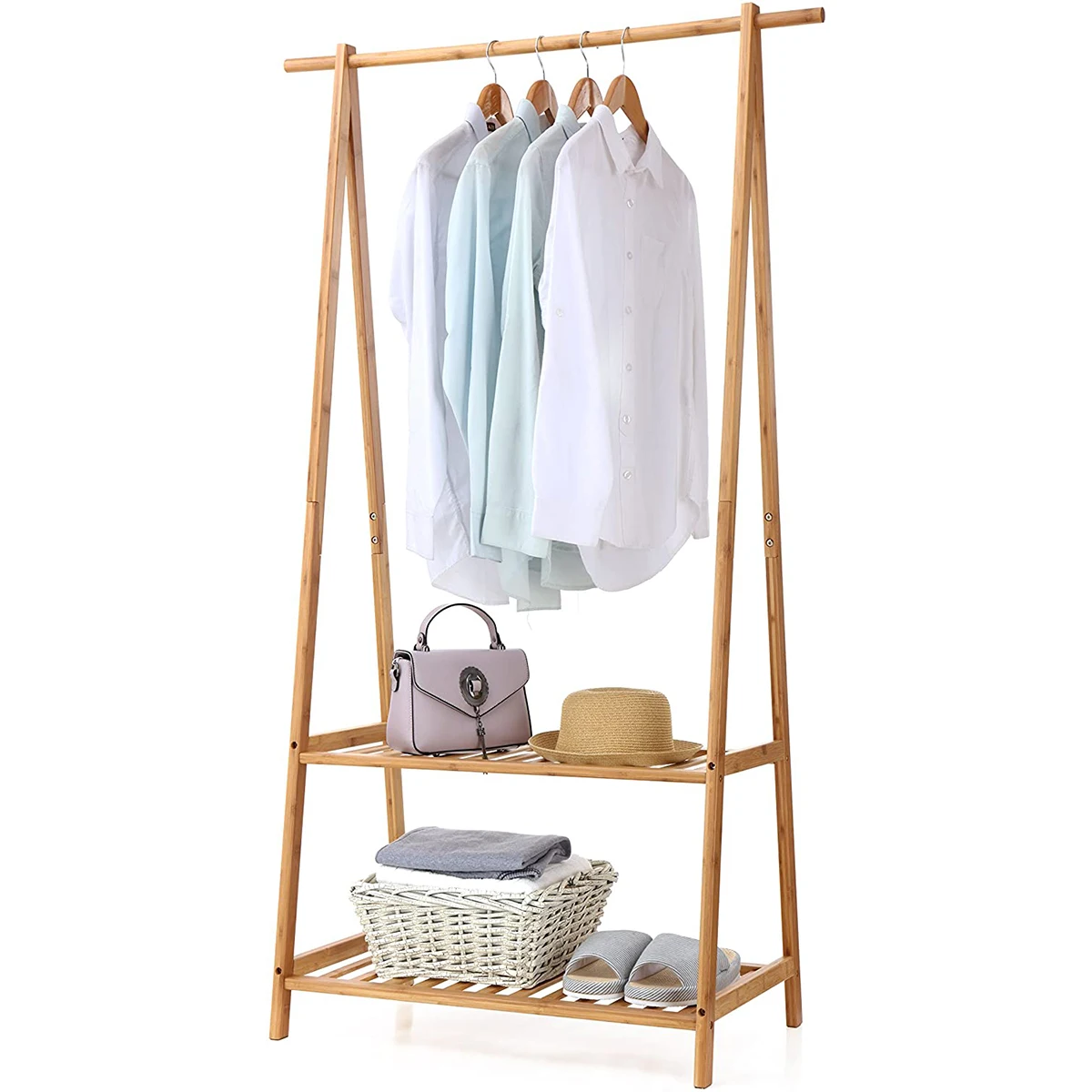 Bamboo Clothes Rack Bamboo Coats Hanger 2 Tire Storage Shoe Shelf Rack
