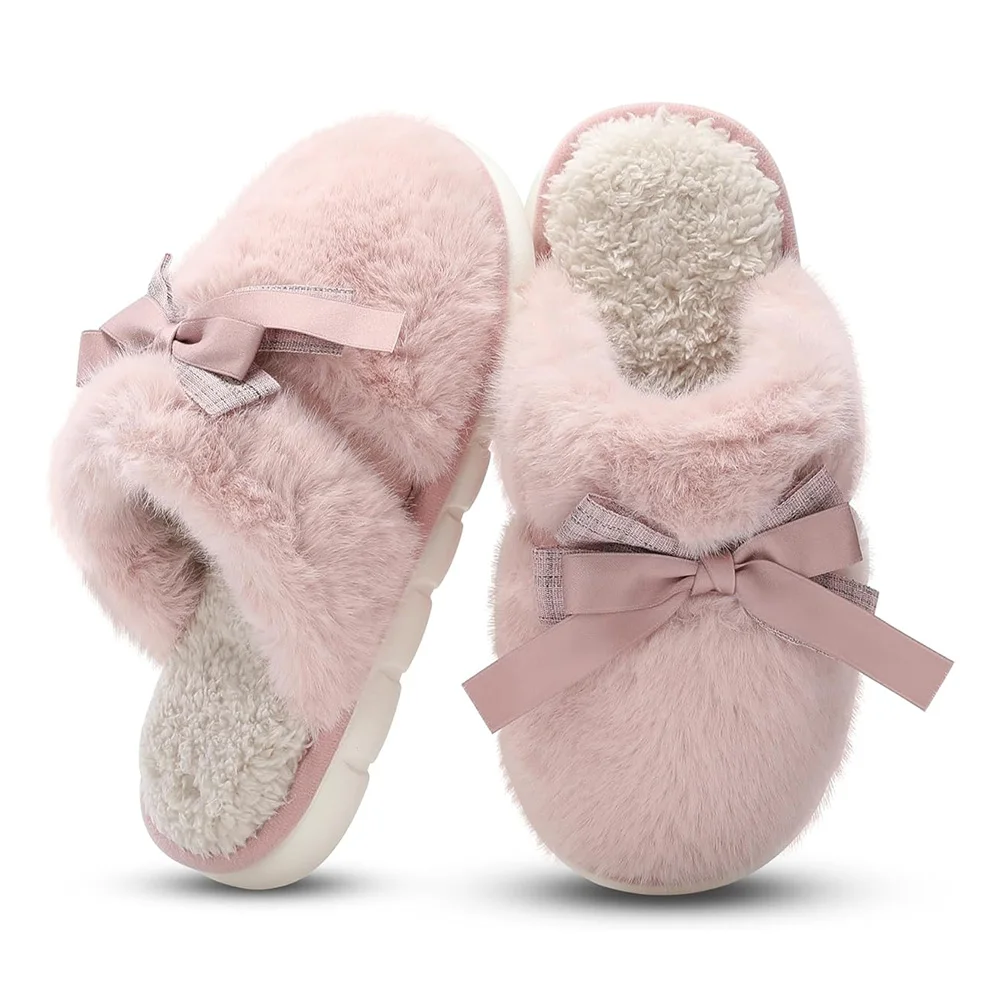 Memory Foam House Slippers with Butterfly Tie for Women Fuzzy Plush Comfy Faux Fur Slippers Anti-Skid Indoor Outdoor Slippers