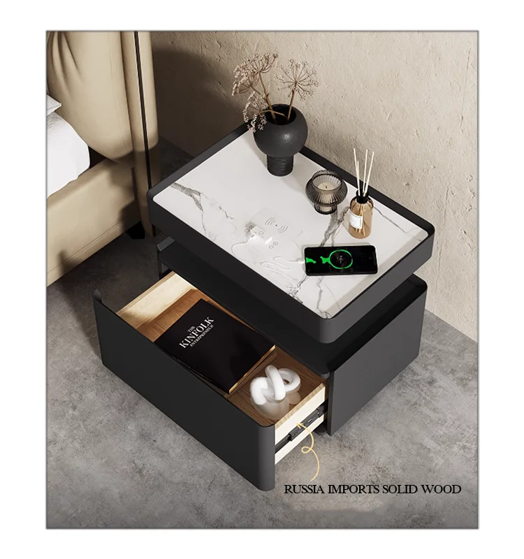 Smart Bluetooth Audio Multi-functional Furniture Bedroom Bedside Table Luxury Slate Top Bedroom Cabinet Solid Wood Nightstand