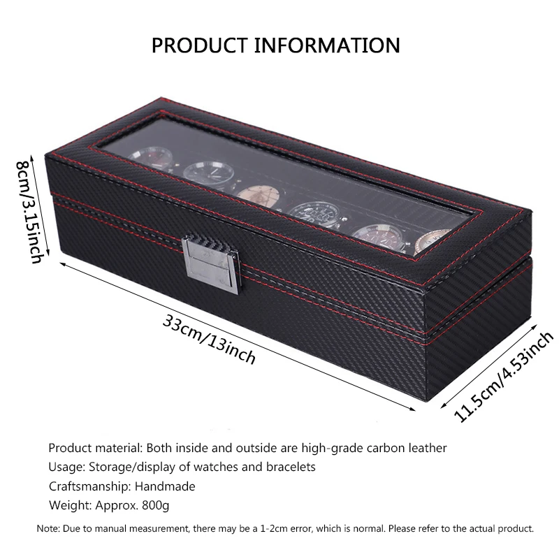 Yiwu Wholesale Watch Box 6 Slots Carbon Leather High-grade Watch Packing case Black Transparent Window Watch Display Box