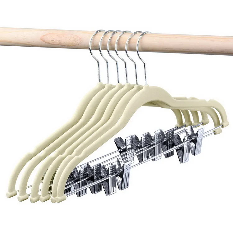 Wholesale Velvet Non-Slip Suit clothes Hangers Sling Gap Design Silver Swivel Hook Anti-Rust Metal Clip Velvet Hanger