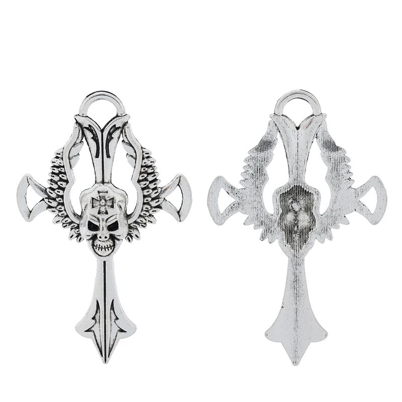 Antique Silver Large Skull Cross Charms Pendants for Necklace Jewelry Making 61x38mm