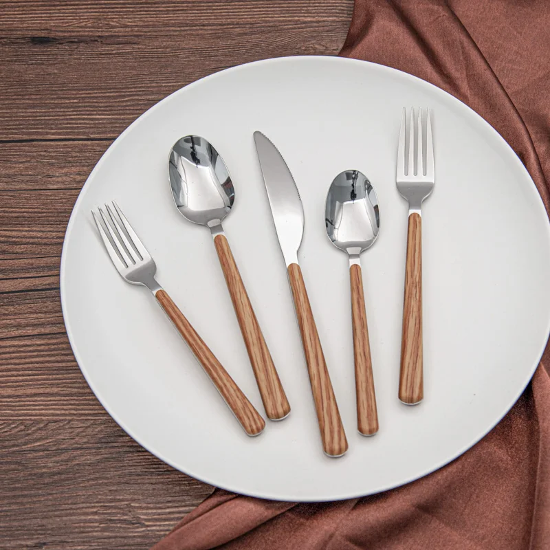 Wooden color plastic handle fork spoon knife dinner stainless steel flatware set for restaurant party hotel