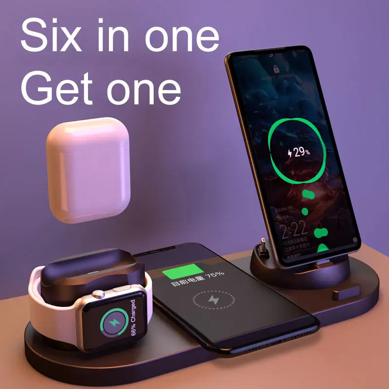Hot Selling QI Fast 6 in 1 Charging Station Phone Wireless Charger Custom Logo For Iphone  For IPhone