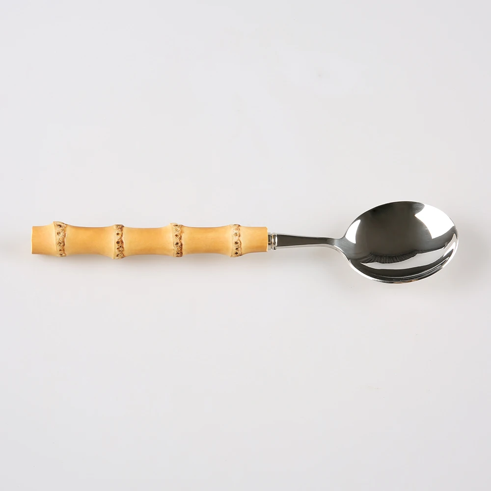 Restaurant Hotel Household Kitchen Cutlery Tableware 304 Stainless Steel Natural Bamboo Wood Handle Big Round Serving Spoon