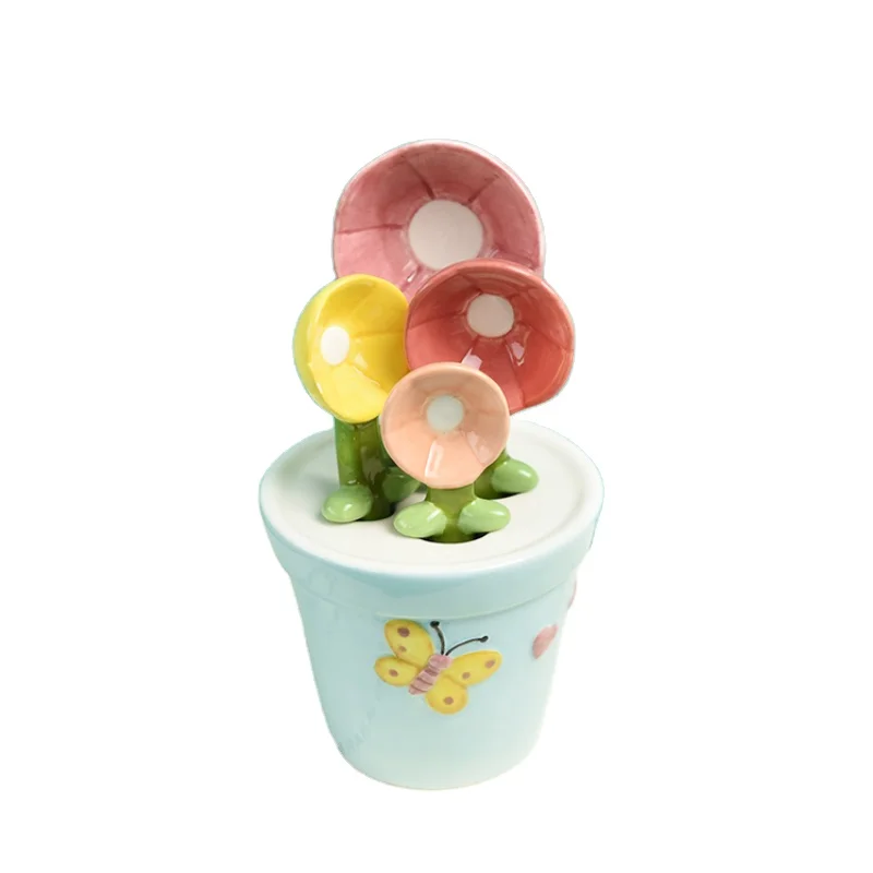Garden Ceramic Measuring Spoons with Flowerpot Decorated with A Butterfly-and-Flower Design