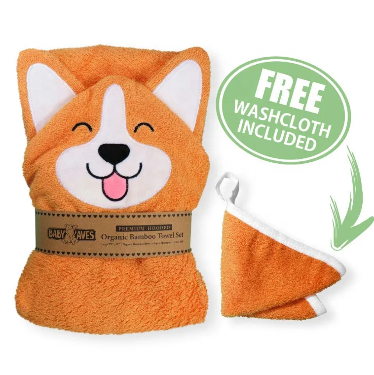 Luxury Newborn Bamboo Organic Thick Terry Animal Bath Hooded Baby Towel and Washcloth Set