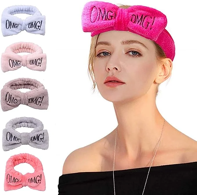 Wash Hairband Face Scarf Elastic Headband Embroidered OMG Letters Hair Accessories Bow Coral Fleece Spa