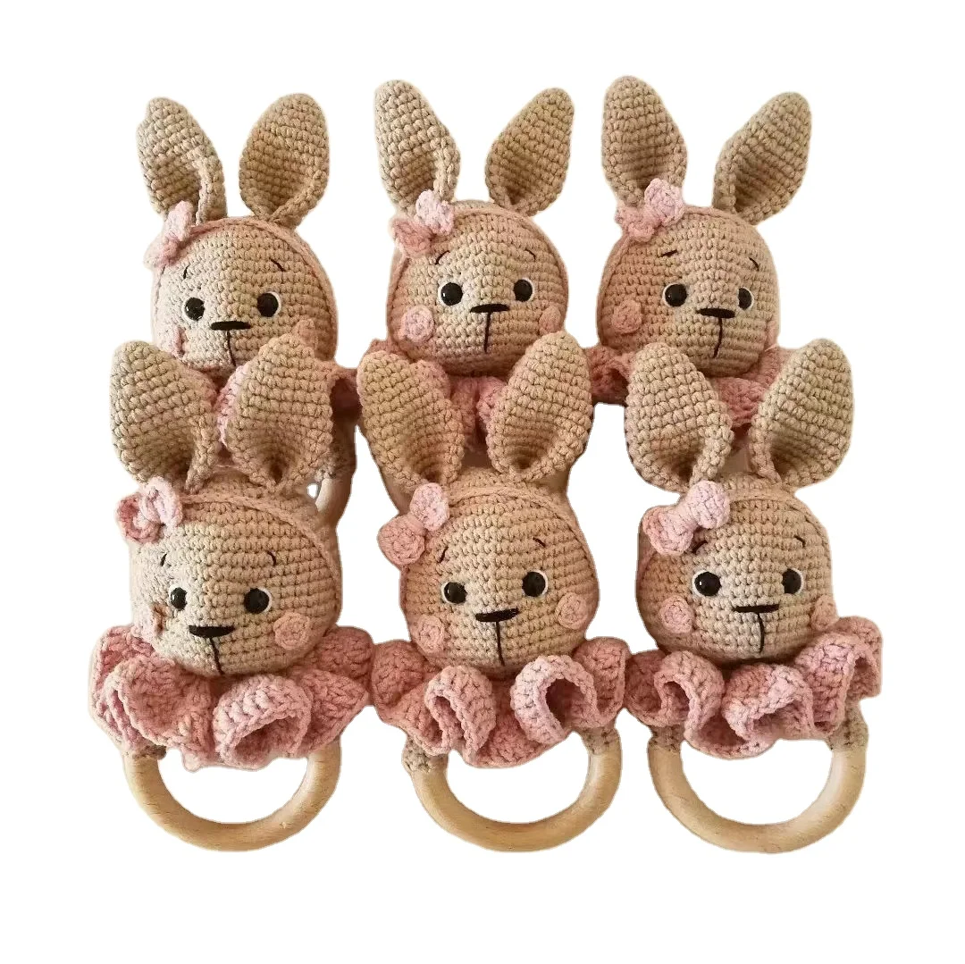 Amigurumi Safety Teether Beech Wood Handmade Crocheted Rattles For Kids Crafts Gift