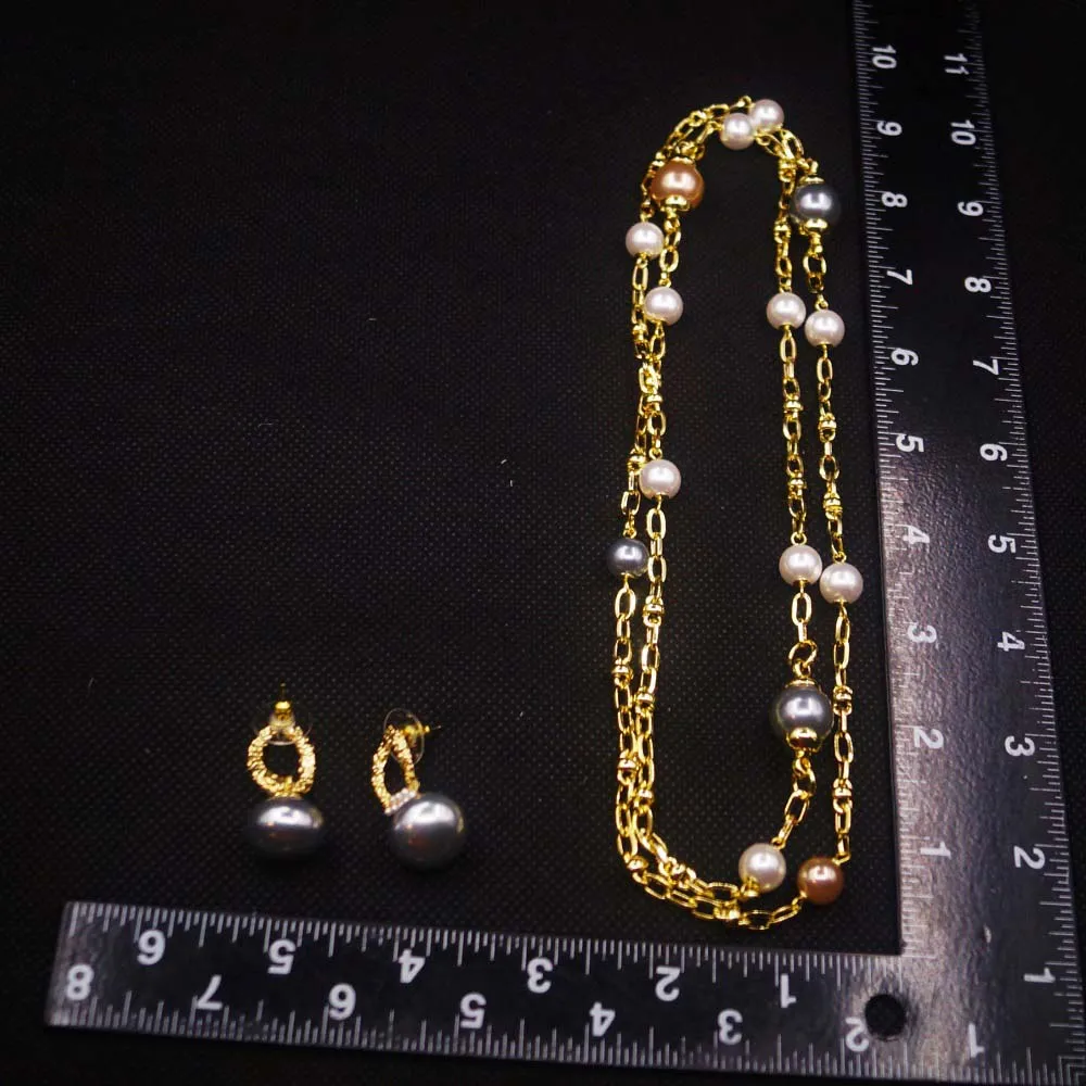 Dubai Pearl Gold Plated Jewelry Set Ring Fashion Long Chain Pearl Necklace Earrings Rings Set Dubai Gold Jewelry Sets for Women