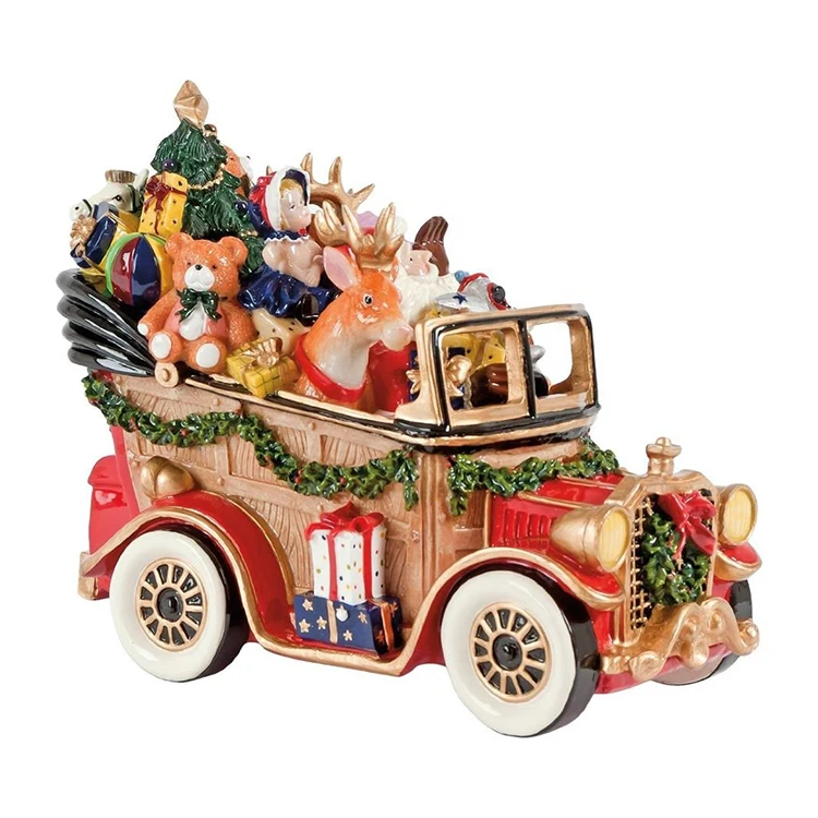 Santa And Deer Resin Classic Car Delicate Musical Figurine for Tabletop Decoration Sapin De Noel Papa Noel Festival Supplies
