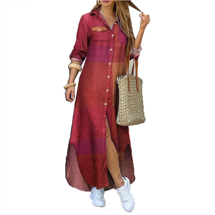 hot sale Long Maxi Dresses polyester One piece summer loose plaid Dress