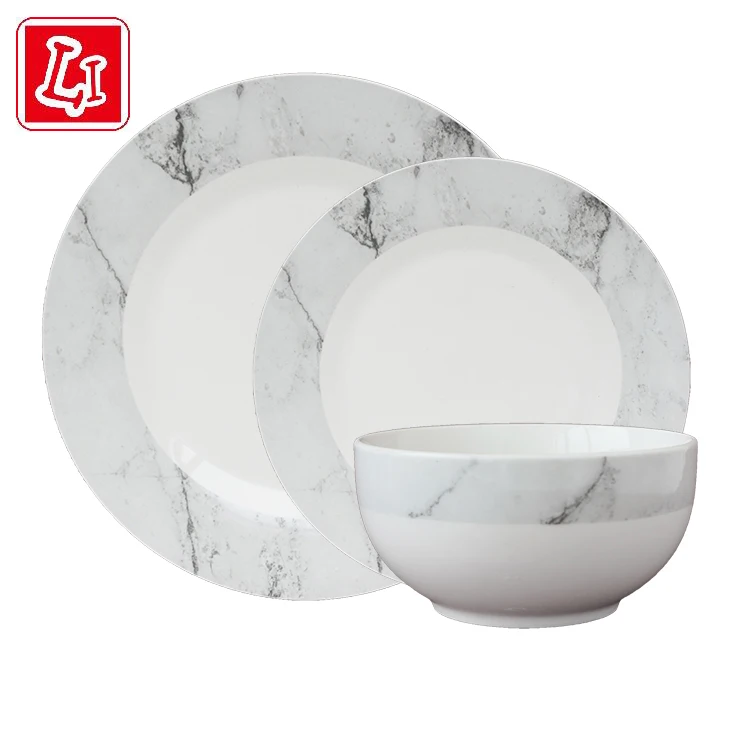 
The grey marble three piece set contains a flat rice bowl ceramic tableware set 