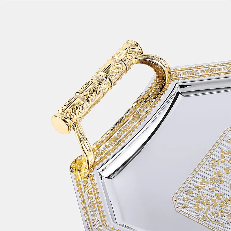 luxury gold carved stainless steel  serving tray Arabic Tray for Tea Chocolate Serving Decorative Tray
