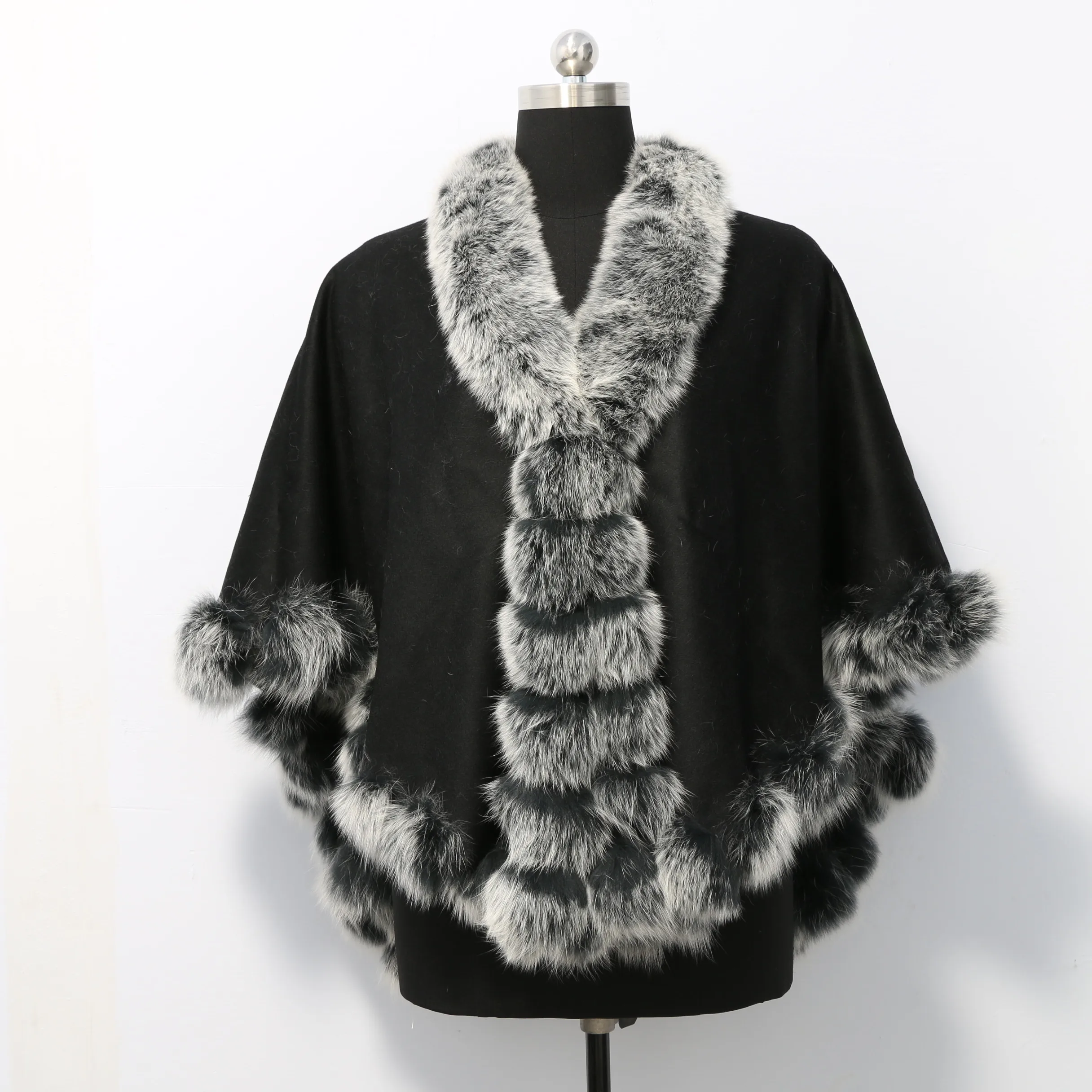 FFactory Price Cashmere Poncho Cape Femme Hiver Double Straight Fox Fur Trim Capa Mujer Big Size Shawl