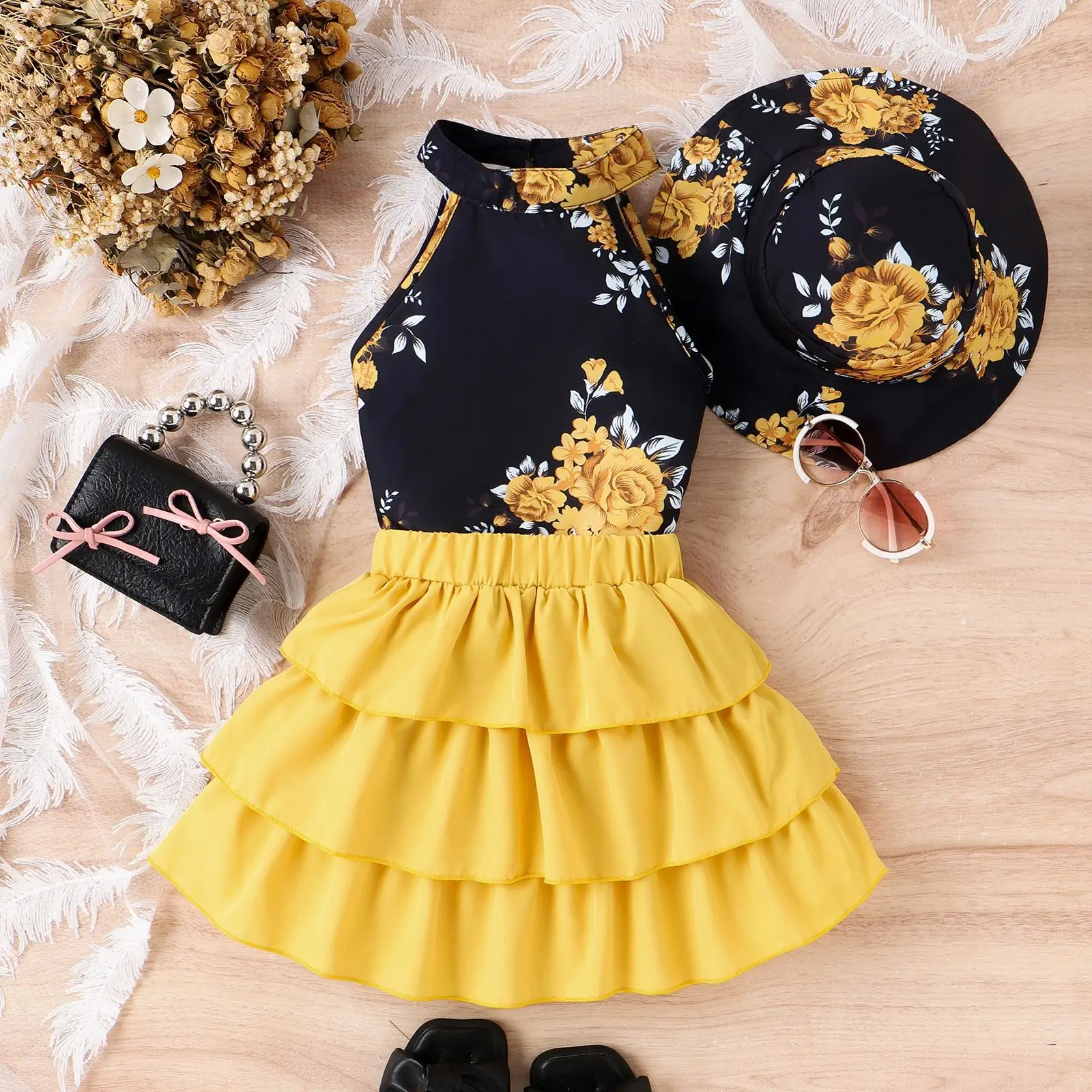 2024 Summer Cute Girls 3Pcs  Clothes Floral Printed Halter Top Cake Skirt Hat Toddler Clothing Suit Kids Outfits Wholesale