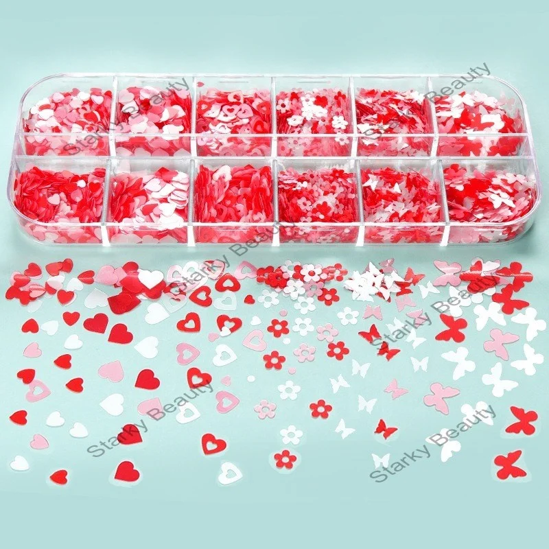 12 Grid Pearlescent 3d New Holographic Glitter Sequins Nail Charms butterfly heart shaped nail art decoration kit