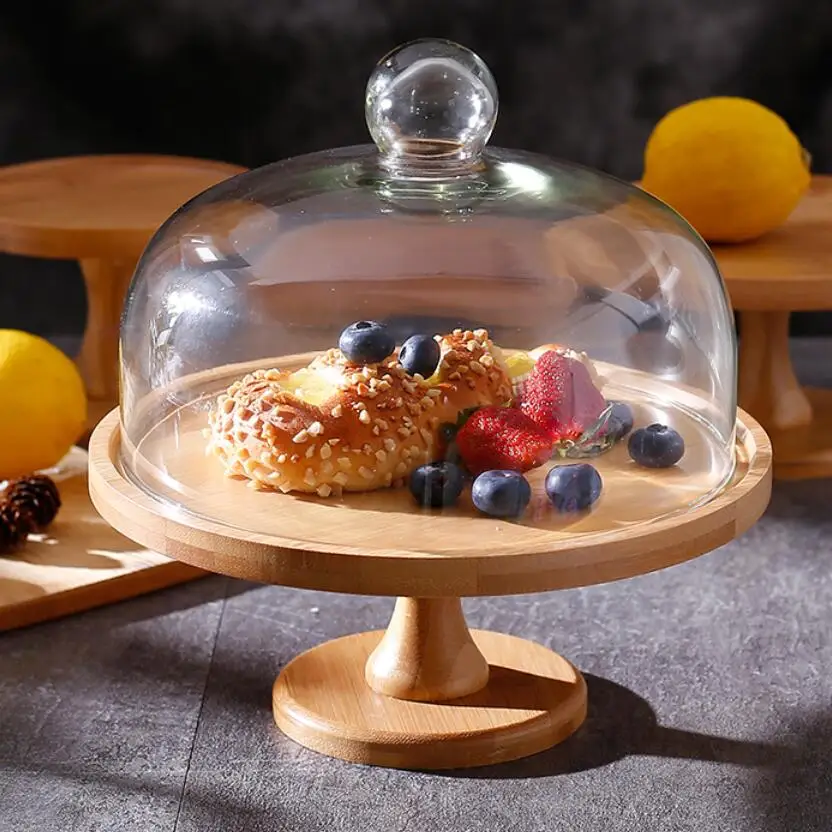 Natural bamboo fruit plate dessert plate creative transparent glass cover cake tray bread plate dessert table display stand