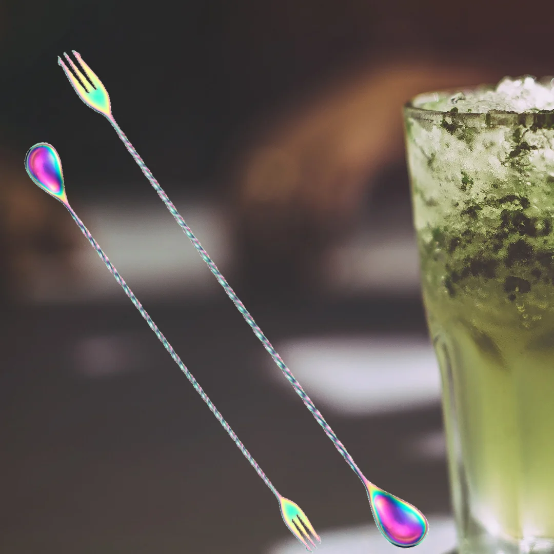 Long Handle Stainless Steel Bar Cocktail Stirring Twisted Spoon Fork drink mixing spoon with fork