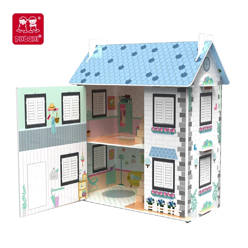 2022 New Design wooden toys uk Pretend Play Wooden Dollhouse With Furniture Accessories